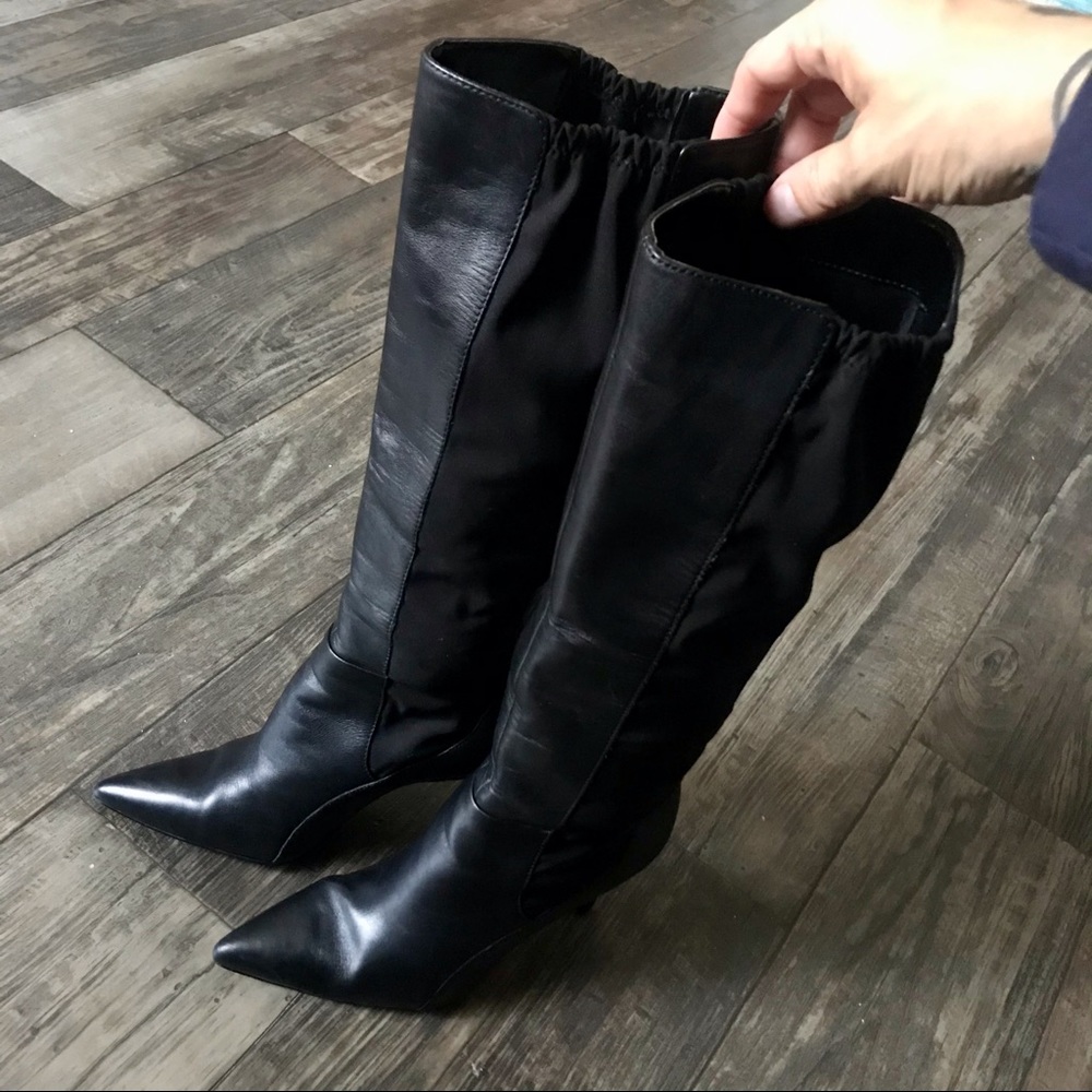 Tahari Black Leather Pull On High Heeled Boots 7 - Picture 10 of 16